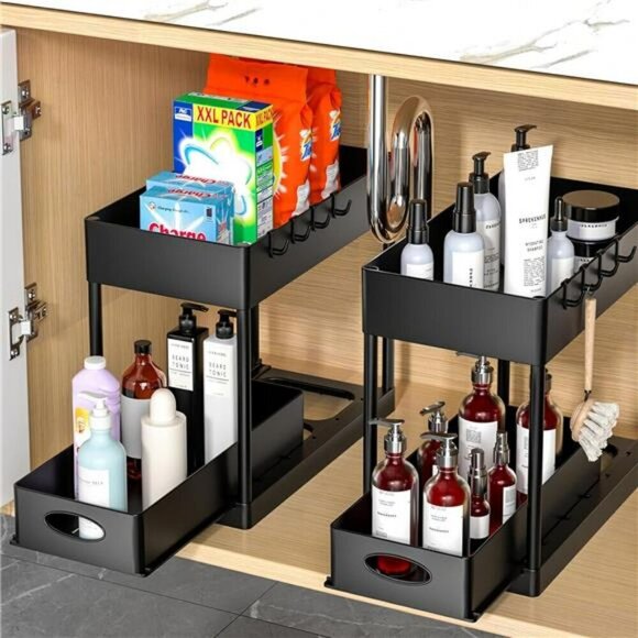 Under Sink Basket Organizer 2 Tier Sliding Storage for Bathroom Kitchen Black - Picture 4 of 7